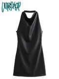 Lunivop Women Fashion Dresses Imitation Leather Black Backless Tight Cropped Dress Woman Vintage