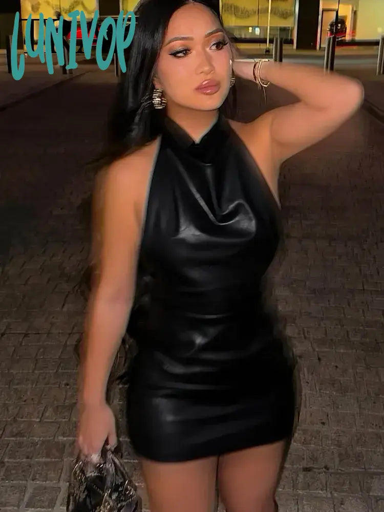 Lunivop Women Fashion Dresses Imitation Leather Black Backless Tight Cropped Dress Woman Vintage