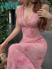 Lunivop Women Fashion Elegant Bodycon Midi Party Dress Sleeveless Casual Floral Print Slim Birthday