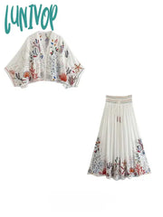 Lunivop Women Fashion New 2Pcs Casual Cotton Embroidered Loose Top + Cotton Midi Skirt Sexy Tops