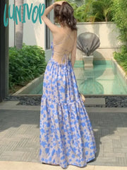 Lunivop Women Fashion Print Backless Strap Slim Bohemian Long Beach Dress Robe Longue Prom Abiti