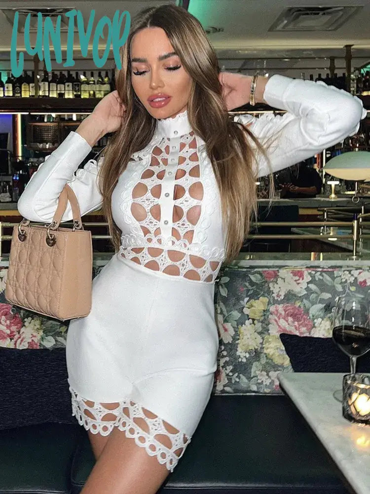 Lunivop Women Fashion Sexy Long Sleeve Hollow Out Lace Black White Bodycon Bandage Playsuits