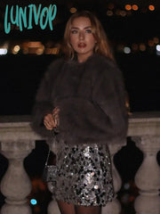 Lunivop Women Fashion Silver Sequin Mini A-Line Skirt Casual Chic High Waist Hip Wrap Skirts Autumn