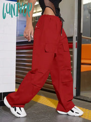 Lunivop Women Fashion Street Vintage Flap Pocket Side Drawstring Waist Cargo Pants Hip Hop
