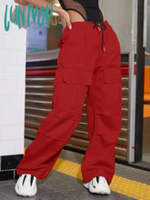 Lunivop Women Fashion Street Vintage Flap Pocket Side Drawstring Waist Cargo Pants Hip Hop
