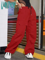 Lunivop Women Fashion Street Vintage Flap Pocket Side Drawstring Waist Cargo Pants Hip Hop