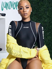 Lunivop Women Full Sleeve Turtleneck Bodysuits Mesh Patchwork Letter Print Biker New Fashion Female