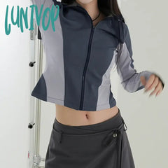 Lunivop Women Full Zip-Up Hooded Cardigan Autumn Patchwork Long Sleeve Top Tees Fashion All-Match