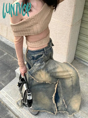 Lunivop Women Goblin Core 2000S Harajuku Jean Skirt Cyber Punk Irregular Design Denim Mid-Long