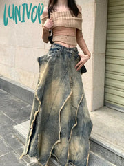 Lunivop Women Goblin Core 2000S Harajuku Jean Skirt Cyber Punk Irregular Design Denim Mid-Long
