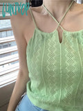 Lunivop Women Green Sexy Halter Tops Summer Hollow Out Knitted Solid Cropped Tops Ladies Strappy Camis Crop Top For Women