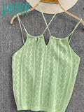 Lunivop Women Green Sexy Halter Tops Summer Hollow Out Knitted Solid Cropped Ladies Strappy Camis