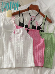 Lunivop Women Green Sexy Halter Tops Summer Hollow Out Knitted Solid Cropped Ladies Strappy Camis