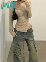 Lunivop Women Gyaru Japanese Harajuku Trashy Y2K Tassel Jeans Low Rise Flare Damage Denim Pants