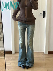 Lunivop Women Gyaru Japanese Harajuku Y2K Streetwear Low Rise Flare Denim Pants Jeans 2000S Vintage