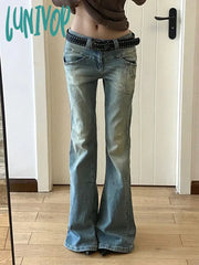Lunivop Women Gyaru Japanese Harajuku Y2K Streetwear Low Rise Flare Denim Pants Jeans 2000S Vintage