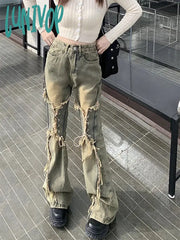 Lunivop Women Gyaru Japanese Harajuku Y2K Streetwear Low Rise Flare Lace Up Denim Pants Jeans 2000S