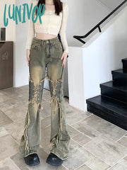 Lunivop Women Gyaru Japanese Harajuku Y2K Streetwear Low Rise Flare Lace Up Denim Pants Jeans 2000S