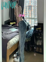 Lunivop Women Japanese Gyaru Harajuku Fashion Y2K Streetwear Slim Low Rise Flare Denim Pants Slit
