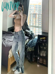 Lunivop Women Japanese Gyaru Harajuku Fashion Y2K Streetwear Slim Low Rise Flare Denim Pants Slit