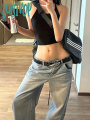 Lunivop Women Japanese Harajuku Fashion Trashy Y2K Cyber Punk Low Rise Denim Pants Loose Wide Leg