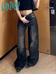 Lunivop Women Japanese Vintage Harajuku Dark Academia Chic Jeans Baggy Black Grunge Denim Pants