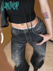 Lunivop Women Japanese Vintage Harajuku Dark Academia Chic Jeans Baggy Black Grunge Denim Pants
