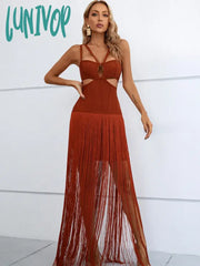 Lunivop Women Knitted Maxi Tassel Bandage Brown Black Evening Dress Vestidos De Fiesta Elegantes