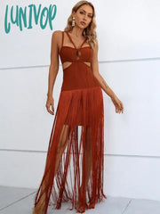 Lunivop Women Knitted Maxi Tassel Bandage Brown Black Evening Dress Vestidos De Fiesta Elegantes