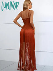 Lunivop Women Knitted Maxi Tassel Bandage Brown Black Evening Dress Vestidos De Fiesta Elegantes