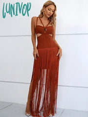 Lunivop Women Knitted Maxi Tassel Bandage Brown Black Evening Dress Vestidos De Fiesta Elegantes