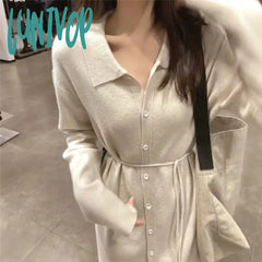 Lunivop Women Knitted Midi Dress Korean Fashion Loose Long Sleeve Single Breasted A-Line Sweater