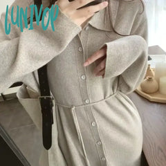 Lunivop Women Knitted Midi Dress Korean Fashion Loose Long Sleeve Single Breasted A-Line Sweater