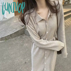 Lunivop Women Knitted Midi Dress Korean Fashion Loose Long Sleeve Single Breasted A-Line Sweater