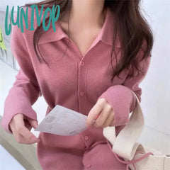 Lunivop Women Knitted Midi Dress Korean Fashion Loose Long Sleeve Single Breasted A-Line Sweater