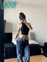 Lunivop Women Korean Fashion Vintage Classical Chic Jeans Straight Leg Simple Grunge Harajuku Blue