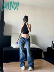 Lunivop Women Korean Fashion Vintage Classical Chic Jeans Straight Leg Simple Grunge Harajuku Blue