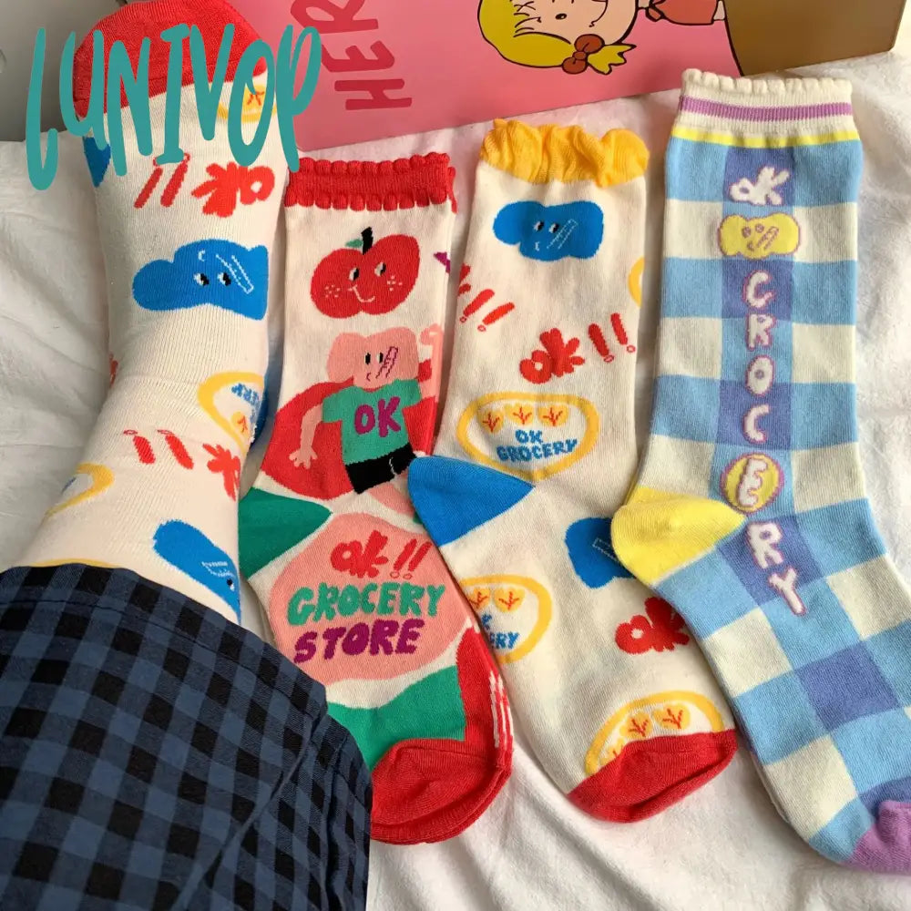 Lunivop Women Little Tomato Socks Female Korean Mid-Tube Ins Jk Girls Cute Kawaii Cartoon