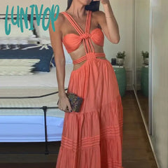 Lunivop Women Long Dresses Summer Fashion Sexy Strap Sleeveless Backless Hollow Out Pleated Solid