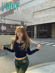 Lunivop Women Long Sleeve Pullover Tops Square Collar Slim Knit Sweater Autumn And Winter New Sweet