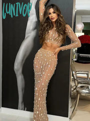 Lunivop Women Long Sleeve Rhinestone Sparkly Maxi Skirt Set Birthday Party Costume Bar Nightclub