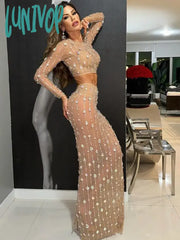 Lunivop Women Long Sleeve Rhinestone Sparkly Maxi Skirt Set Birthday Party Costume Bar Nightclub