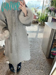 Lunivop Women Long Woolen Coat Faux Fur Collar Warm Coats Elegant Hepburn Style New Fashion For