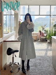 Lunivop Women Long Woolen Coat Faux Fur Collar Warm Coats Elegant Hepburn Style New Fashion For
