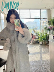 Lunivop Women Long Woolen Coat Faux Fur Collar Warm Coats Elegant Hepburn Style New Fashion For