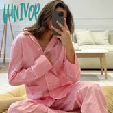 Lunivop Women Lounge 2 Piece Set Home Sleepwear Plaid Pajamas Vintage Button Up Blouse Long Sleeve