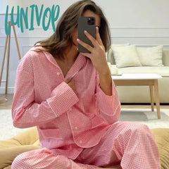Lunivop Women Lounge 2 Piece Set Home Sleepwear Plaid Pajamas Vintage Button Up Blouse Long Sleeve