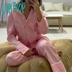 Lunivop Women Lounge 2 Piece Set Home Sleepwear Plaid Pajamas Vintage Button Up Blouse Long Sleeve