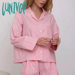 Lunivop Women Lounge 2 Piece Set Home Sleepwear Plaid Pajamas Vintage Button Up Blouse Long Sleeve