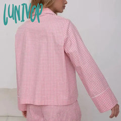 Lunivop Women Lounge 2 Piece Set Home Sleepwear Plaid Pajamas Vintage Button Up Blouse Long Sleeve
